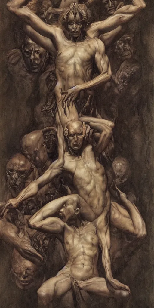 Prompt: a pillar of twisting bodies ,by roberto ferri, by austin osman spare, by wayne barlowe, detailed painting, mystical, occult