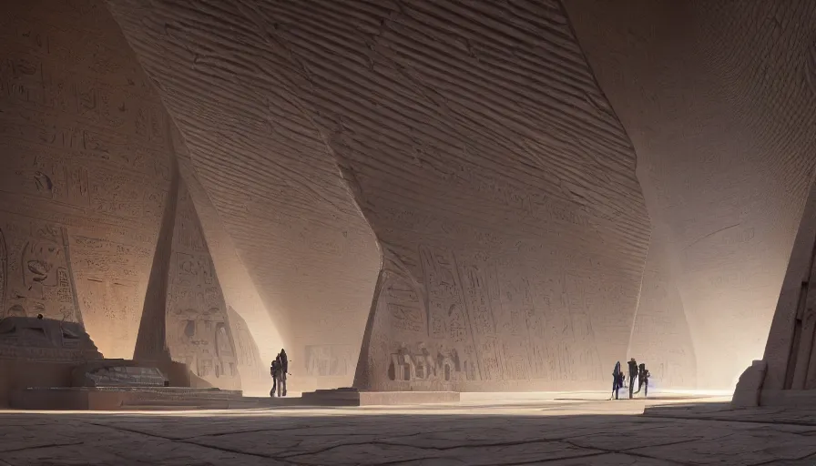 Prompt: the inside of a monument with egyptian motifs, by tim blandin and arthur haas and bruce pennington and john schoenherr, big windows architecture by zaha hadid, octane render, cinematic, scenery, cgsociety, modernism, futuristic, trending on artstation, sci - fi, high detail, high quality, sharp focus, close up angle, people walking