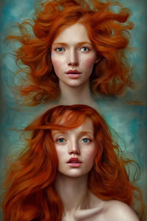 Image similar to hyper realistic painting portrait of a redhead girl with flowing curls and closed eyes, golden skin and turquoise background, hyper detailed face by stjepan sejic, by norman rockwell, by michael hussar, by roberto ferri, by ruan jia, textured turquoise background