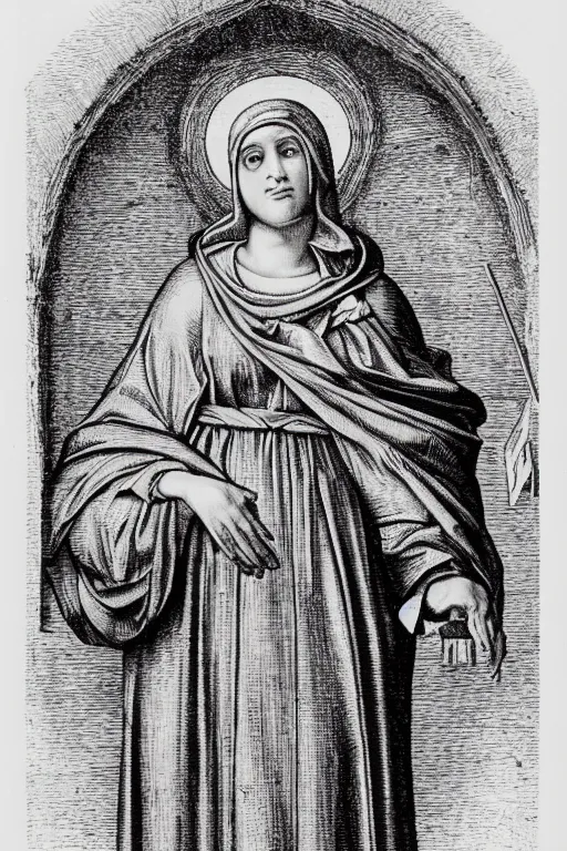 Prompt: A copper engraving of st. catherine of bologna, wise, elegant, HD, 4k, 8k, incredibly detailed, intricate, masterpiece,