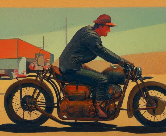 Image similar to a very detailed painting of a man wearing a leather jacket, riding a motorbike, harley davidson motorbike, front view, very fine brush strokes, in the style of edward hopper and grant wood and syd mead, 4 k,