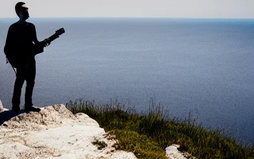 Image similar to A man holding a guitar while standing on the edge of a cliff overlooking the ocean, digital art, wide shot, hi res, 4k