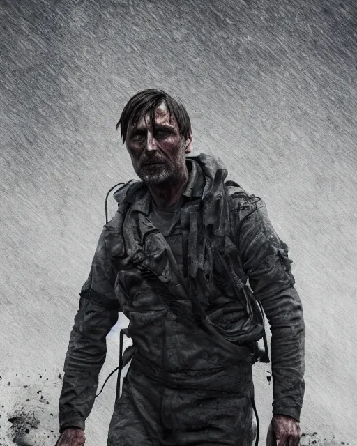 Image similar to mads mikkelson as clifford unger from death stranding wearing military fatigues, weeping tears of tar, mysterious portrait, cinematic lighting, black background, digital painting photoshop, ultra detailed hdr 8 k