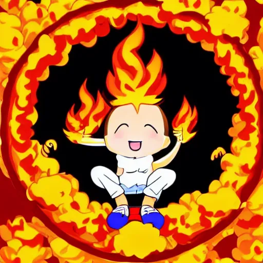 Image similar to anime style character of a piece of fluffy popcorn with a smiling face and flames for hair, sitting on a lotus flower, clean composition, symmetrical