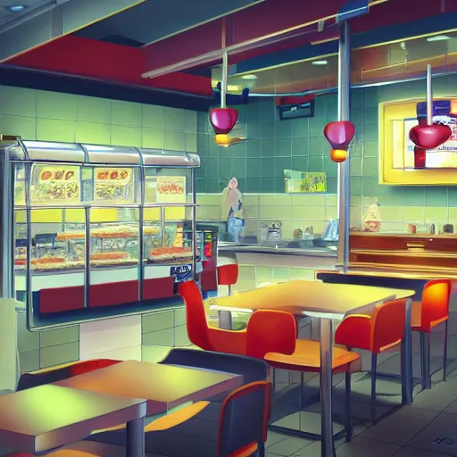 Prompt: mcdonalds kitchen, intricate cluttered visual novel background, busy, shiny, painterly, professional, trending on pixiv