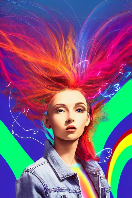 Image similar to a award winning half body portrait of a beautiful woman with stunning eyes in a croptop denim jacket and cargo pants with ombre rainbow hairstyle head in motion and hair flying while dancing by thomas danthony, surrounded by whirling illuminated lines, outrun, vaporware, shaded flat illustration, digital art, trending on artstation, highly detailed, fine detail, intricate