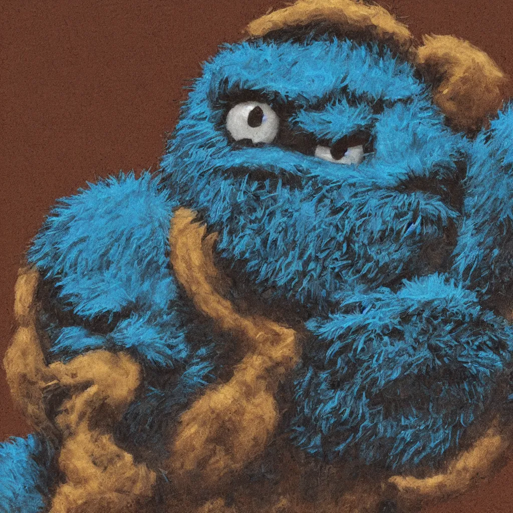 Prompt: Cookie Monster portrait in the style of Frank Frazetta, closeup, photograph