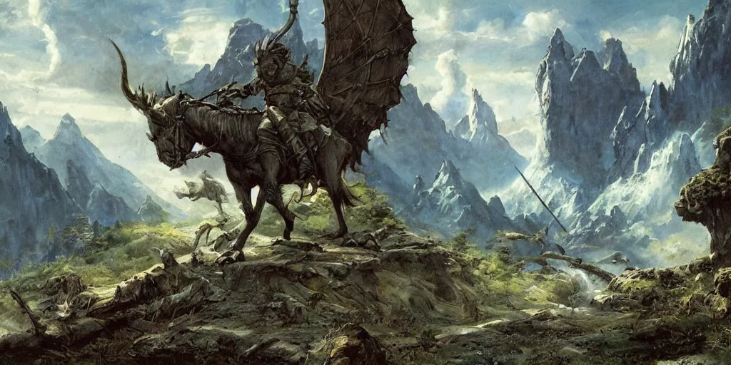 Prompt: epic fantasy landscape in the style of frank frezetta,