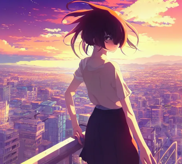 Image similar to anime visual, full body portrait of a young female sightseeing in a part above the city, beautiful face by yoh yoshinari, katsura masakazu, dramatic lighting, dynamic pose, dynamic perspective, strong silhouette, anime cels, ilya kuvshinov, cel shaded, outlined edges!!, rounded eyes, moody, detailed character