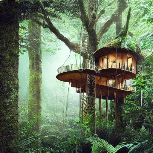 Image similar to “ treehouse in rainforest, photoreal, hq ”