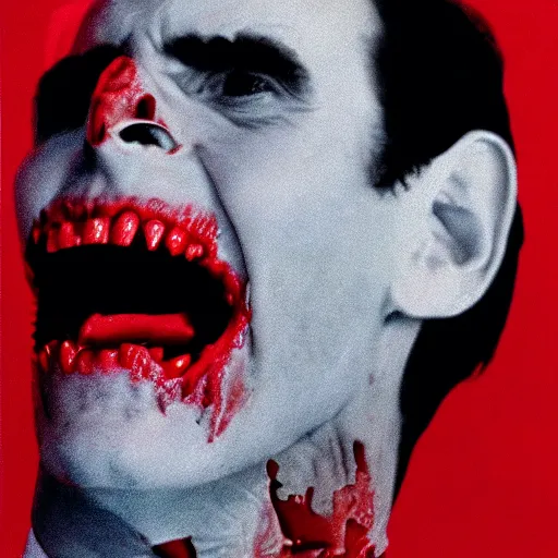 Prompt: patrick bateman ink red backdrop, sharp teeth, exposed skull :: graphic imagery