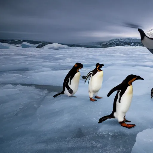 Image similar to penguins being chased by lightening while running on ice, wildlife photography, highly detailed, high quality, 8 k, soft lighting,