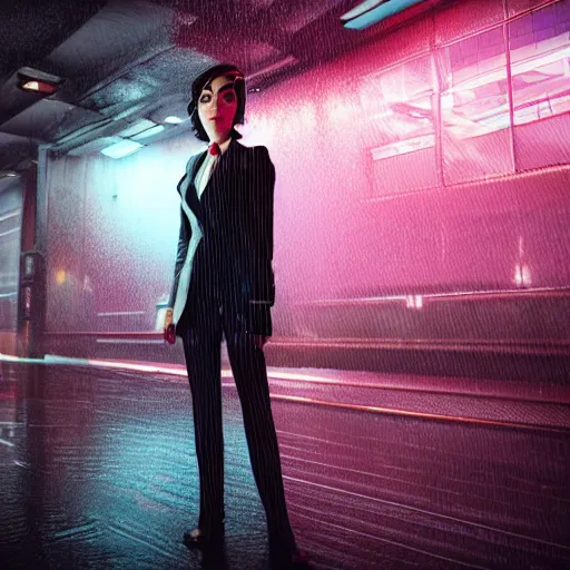 Image similar to cinematic, cartoon women portrait made out of rain, pinstripe suit, short hair, cyberpunk background, rendered in octane, unreal engine, highly detailed, trending on artstation, realistic, neon, beautiful