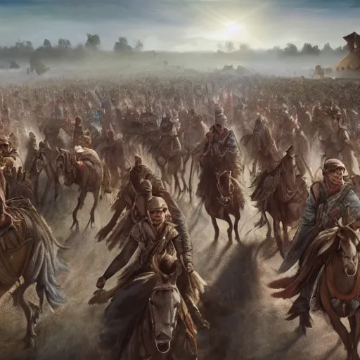 Image similar to nomads storming through flatlands, illustration, realistic