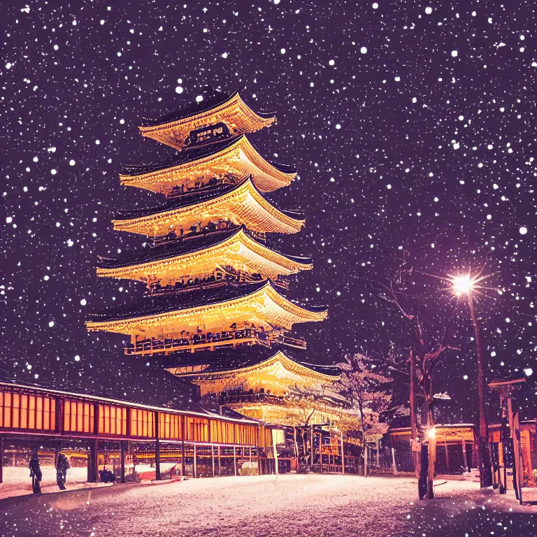 Prompt: illustration of kyoto with many lights and lens flares, snowy winter christmas night