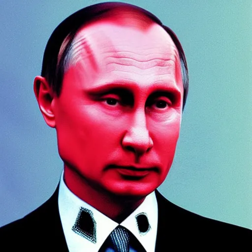 Image similar to portrait of Vladimir Putin looking very sly, bold 80's style, colourful, Memphis Group