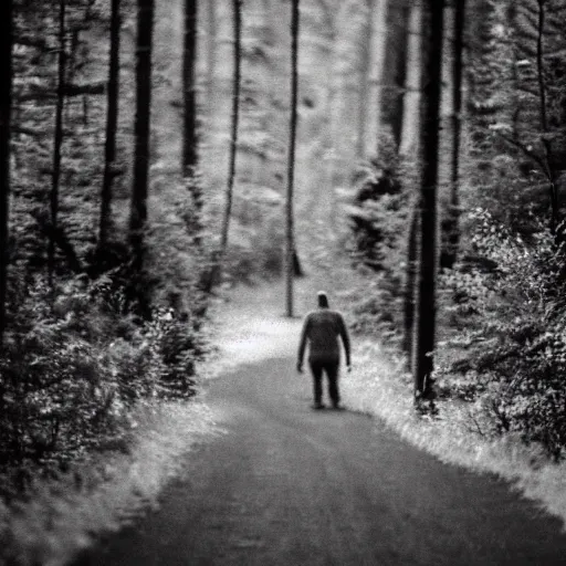 Prompt: grainy blurry black and white footage, wide shot of bigfoot walking in the forest from a distance