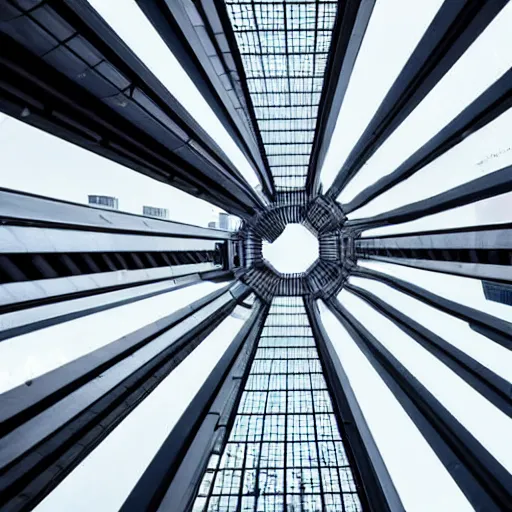 Prompt: low angle looking up at ominous corporate megastructure, cyber punk,