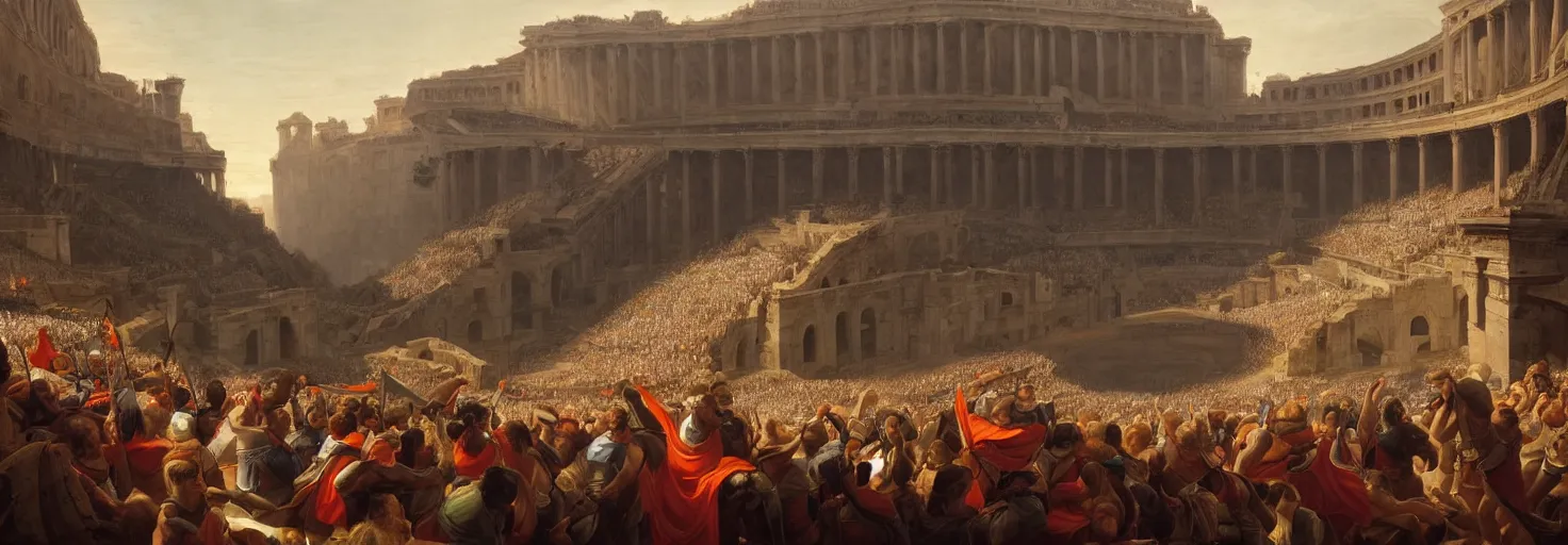 Prompt: an awe - inspiring raphael lacoste and noah bradley landscape painting of a roman senator orating to a massive crowd in the colliseum