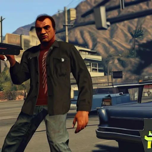 Image similar to extremely cool looking quentin tarantino in the game'gta v '. he shoots at civilians. highly detailed.