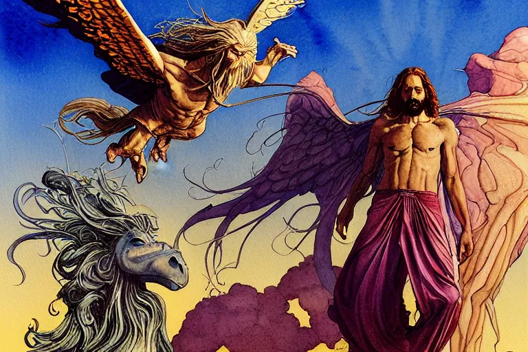 Image similar to a hyperrealist watercolour character concept art portrait of science fiction poster, jesus vs an alien, winged pegasus, giant creature in background, detailed, well lit night in las vegas, nevada. by rebecca guay, michael kaluta, charles vess and jean moebius giraud