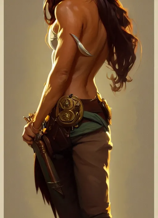 Image similar to portrait of a full body of beautiful female detective, d & d, qpao fantasy, flat lighting, intricate, muscular, highly detailed, digital painting, artstation, concept art, smooth, sharp focus, illustration, art by simon bisley and greg rutkowski and alphonse mucha, natural tpose