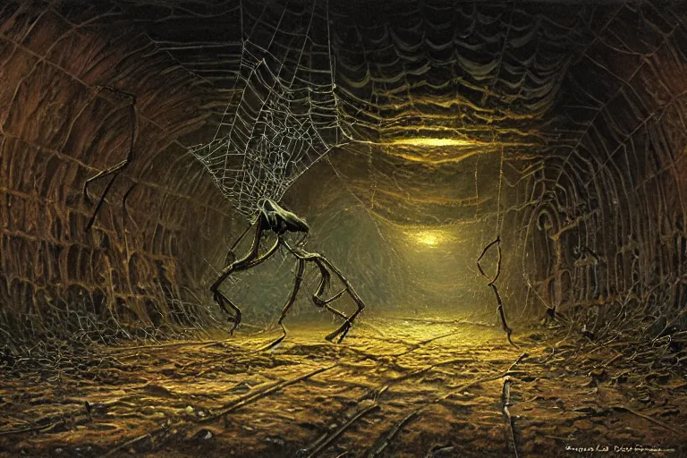 Prompt: a monstrous spider in a dark tunnel, cobwebs, atmospheric, in the style of bob eggleton, dramatic lighting, low angle, wide angle, hyper - realistic, highly detailed digital art