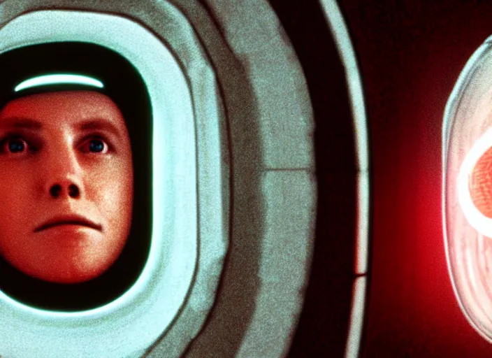 Image similar to film still of HAL from 2001 A Space Odyssey as a washing machine with a bright red light inside it