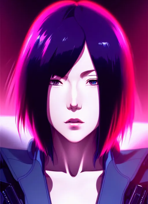 Image similar to a film still portrait of a motoko kusanagi ghost in the shell, finely detailed features, closeup at the faces, perfect art, at a cyberpunk city, gapmoe yandere grimdark, trending on pixiv fanbox, by ilya kuvshinov, rossdraws, artgerm