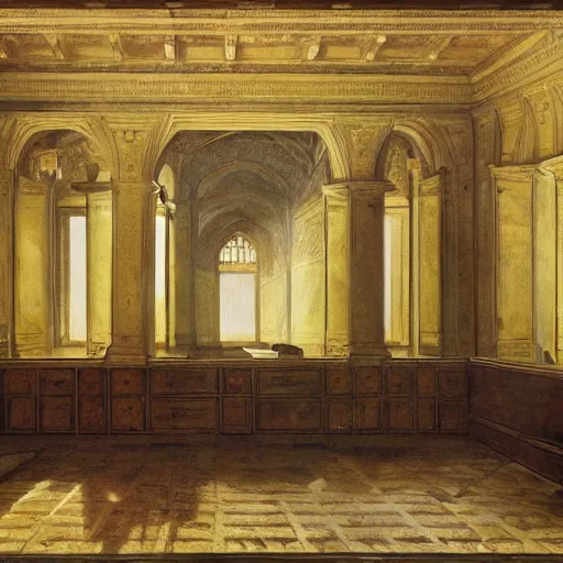 Image similar to painting of an empty dishelved studying room with yellow light from above, books scattered, highly detailed, intricate, dark colors, j. m. w turner, 8 k, intricate, dramatic lighting