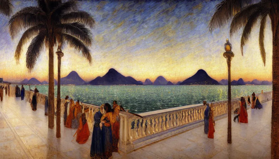 Image similar to a ultradetailed beautiful painting of the night sky of the rio de janeiro palace balustrade designed by jules bastien - lepage, tarsila do amaral, frank weston and gustave baumann, beach, trending on artstation, mediterranean, palm trees, sharp focus, giant greek columns, soft light, 8 k 4 k