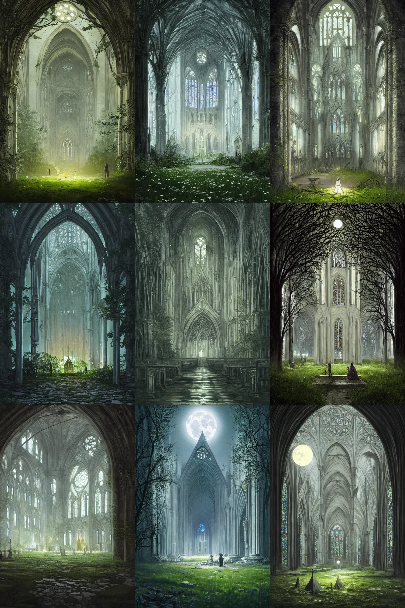 Prompt: interior of the old cathedral, stained glass, gothic style,trees, bushes, white flowers, green grass, damaged floor, night, moon light, camp, greg rutkowski, fantasy, detailed illustration, hd, 4k, digital art, overdetailed art, concept art, trending on artstation