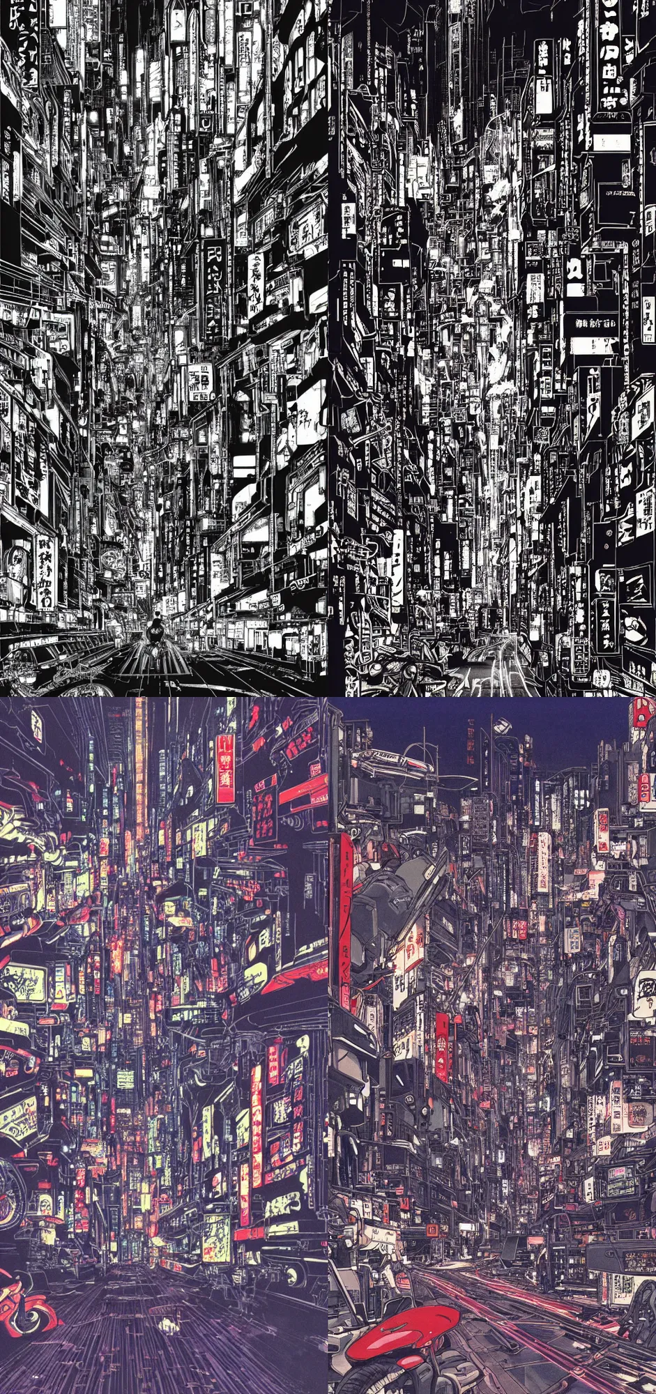Prompt: beautiful complex anime drawing of an AKIRA-like cyberpunk city landscape with light trail from a motorcycle, japan at night, 1980s, by Katsuhiro Otomo, wide angle, ant view, grand, clean