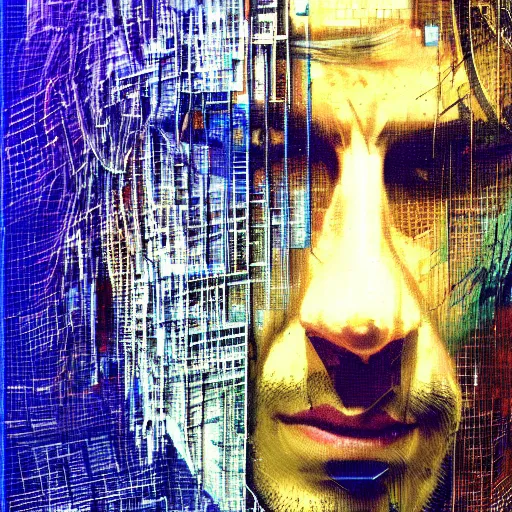 Prompt: hyperrealistic portrait of a cyberpunk man, long hair, by Guy Denning, Johannes Itten, Russ Mills, glitch art, hacking effects, glitch effects, digital tech effects, cybernetics, detailed lines, holographic, chromatic, color blocking!, front view, oil on canvas, octane, concept art, abstract, blue and black, 8k, cinematic, trending on artstation