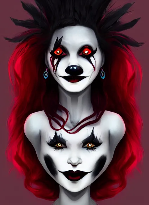 Prompt: A high quality illustration of a goth-clown hybrid with red hair, trending on artstation, hd, behance contest winner, cute