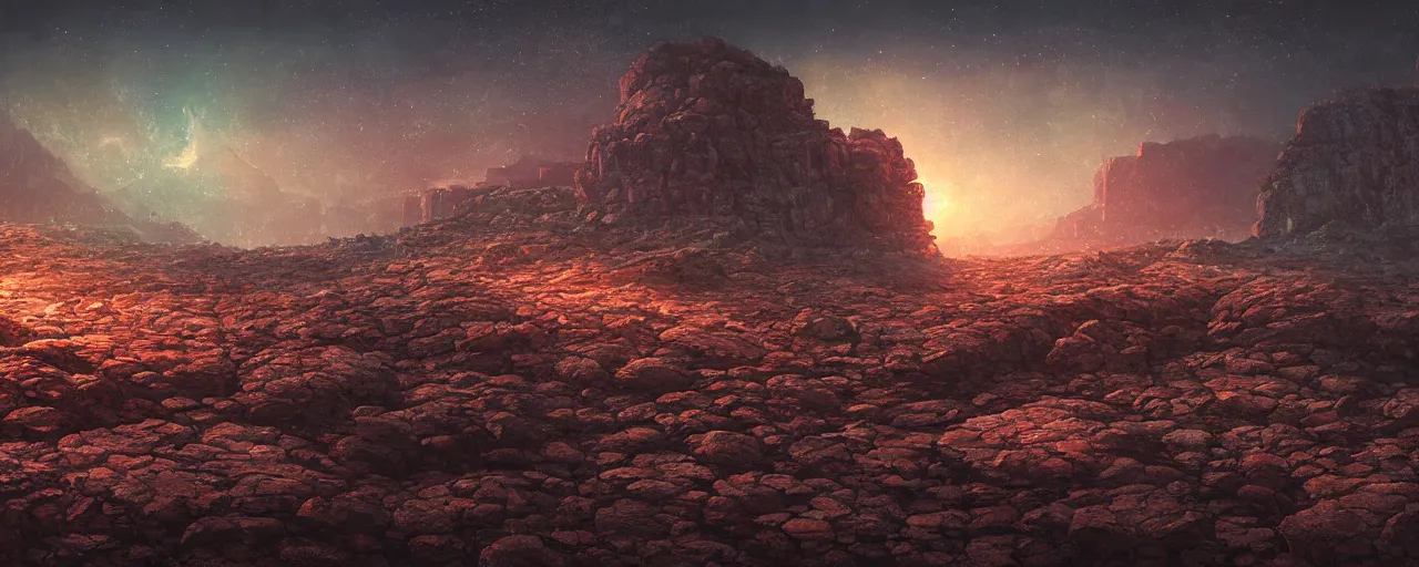 Image similar to ” barren rocky landscape at night, [ cinematic, detailed, epic, widescreen, opening, establishing, mattepainting, photorealistic, realistic textures, octane render, art by wlop and paul lehr ] ”