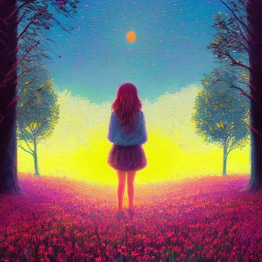 Image similar to girl with giant flower as a face, flower field, big trees, sunrise dramatic light, impressionist painting, colorful clouds, digital painting, pointillism, artstation, simon stalenhag