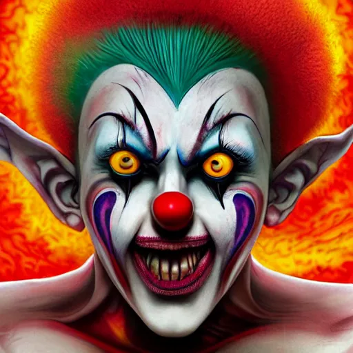 Image similar to 4K headshot of godlike clown with defined arms and open hands and bloody clothes with giant mandala wings , intricate clown face make-up , flawless anime cel animation by Kentaro Miura, psychedelic , highly detailed upper body , professionally post-processed , beautiful, scary, symmetry accurate features, epic, octane rendered, anime masterpiece, accurate