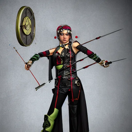 Prompt: full body photo of a clockpunk female archer