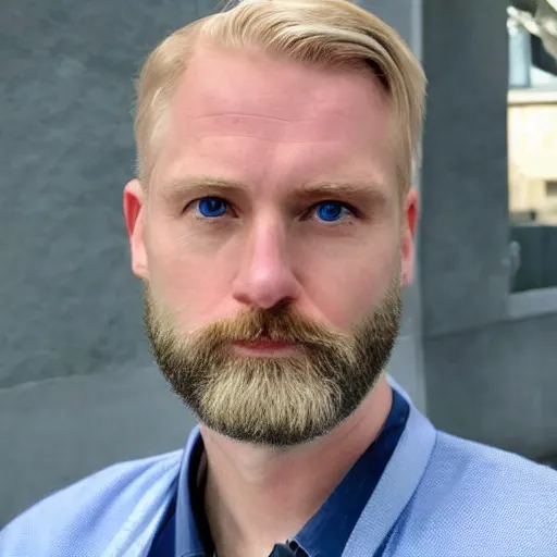 Image similar to photograph of a blond male, middle aged balding superhero, with dark blue eyes, very pale skin and a blond full beard