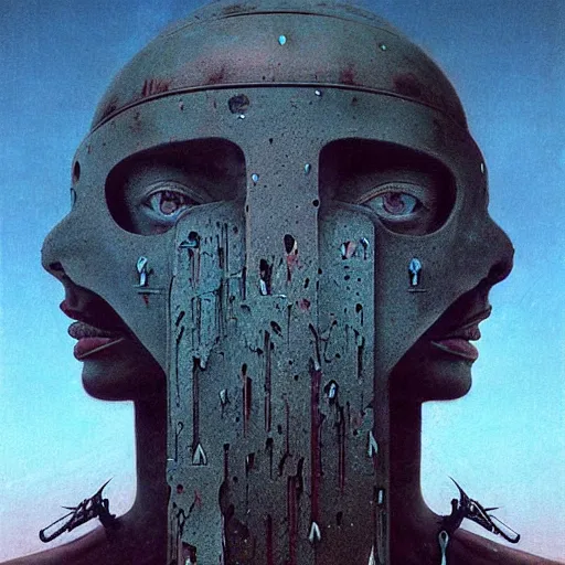 Prompt: huge gladiator by beksinski and tristan eaton, dark neon trimmed beautiful dystopian digital art