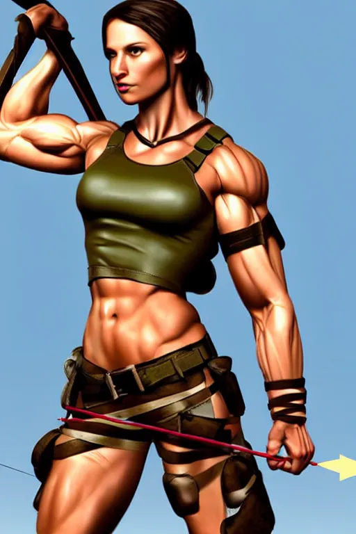 Image similar to laura croft with a bow & arrow, muscles, ripped, toned, muscular