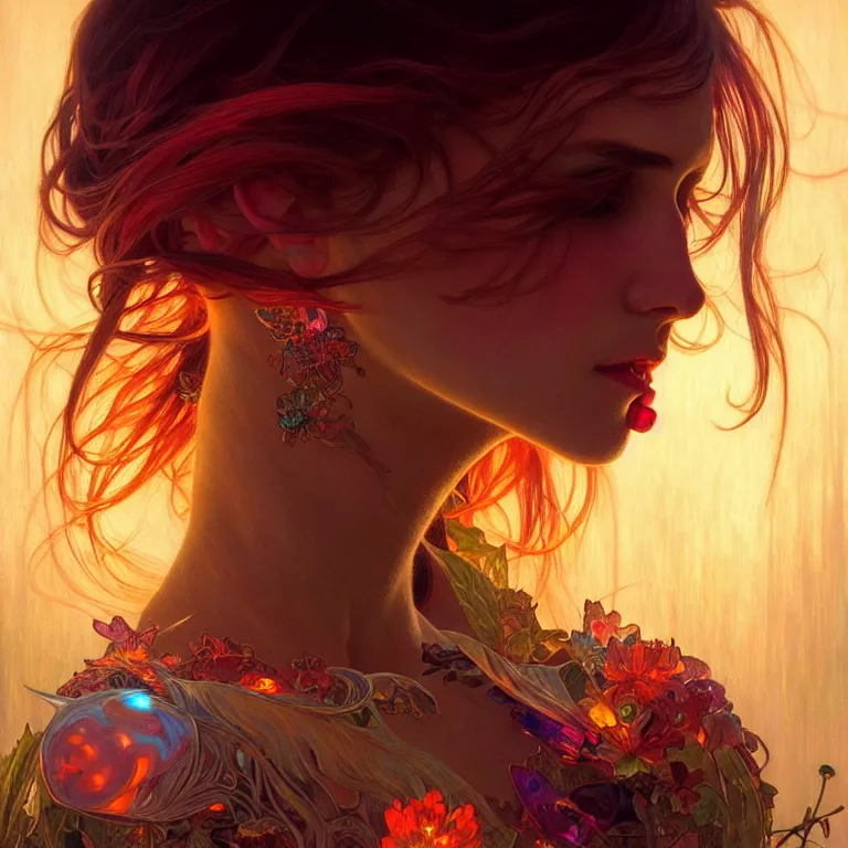 Image similar to bright asthetic portrait LSD glowing backlit, fantasy, intricate, elegant, dramatic lighting, highly detailed, lifelike, photorealistic, digital painting, artstation, illustration, concept art, smooth, sharp focus, art by John Collier and Albert Aublet and Krenz Cushart and Artem Demura and Alphonse Mucha