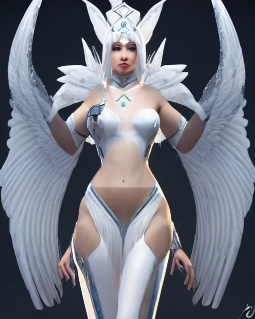 Image similar to perfect white haired egyptian goddess wearing white dove wings, warframe armor, regal, attractive, ornate, sultry, beautiful, ice queen, half asian, pretty face, blue eyes, detailed, scifi platform, 4 k, ultra realistic, epic lighting, android body, illuminated, cinematic, masterpiece, art by akihito tsukushi, voidstar