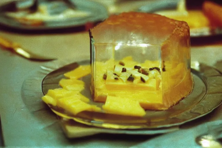 Image similar to pineapple and cheese aspic, in 1 9 9 5, y 2 k cybercore, industrial low - light photography, still from a ridley scott movie