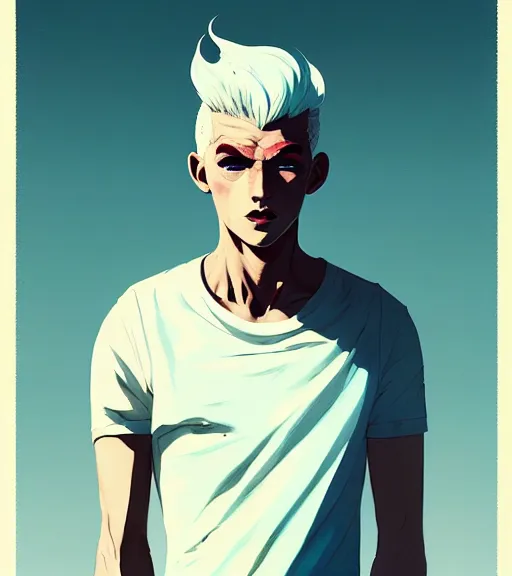 Image similar to portrait of a young man, raised on the island, white hair, face tatooes by atey ghailan, by greg rutkowski, by greg tocchini, by james gilleard, by joe fenton, by kaethe butcher, dynamic lighting, gradient light blue, brown, blonde cream and white color scheme, grunge aesthetic