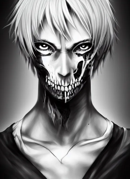 Image similar to detailed portrait art of death in a white shirt, white straight short hair, a black eye and white another, the bone is exposed on the right forehead, art by krenz, very detailed, intricate, digital anime art, sharp focus