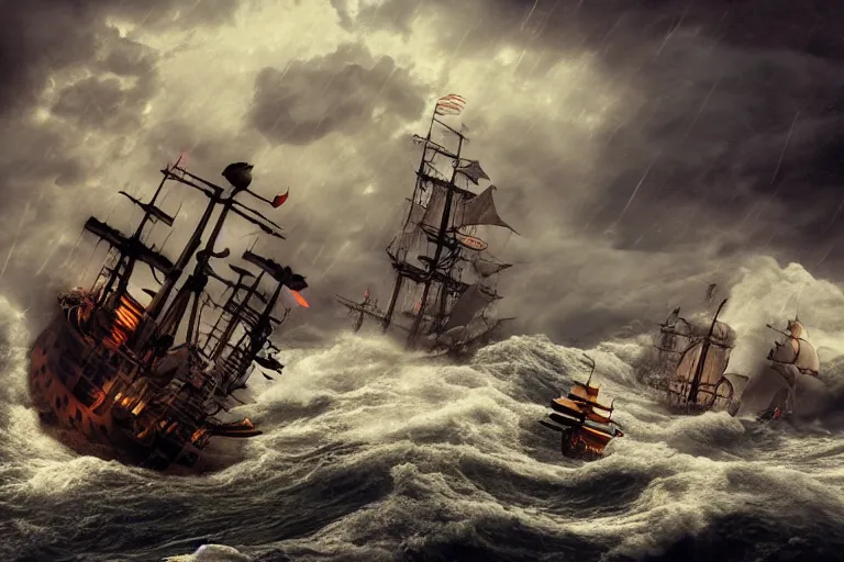 Image similar to epic pirate ship cannon battle in a storm, in the style of vernon grant and chris van allsburg, raging stormy sea, trending on artstation, bright tilt - shift camcorder effect, photoshop, retrowave, hyperrealism, octane, sharp focus, masterpiece