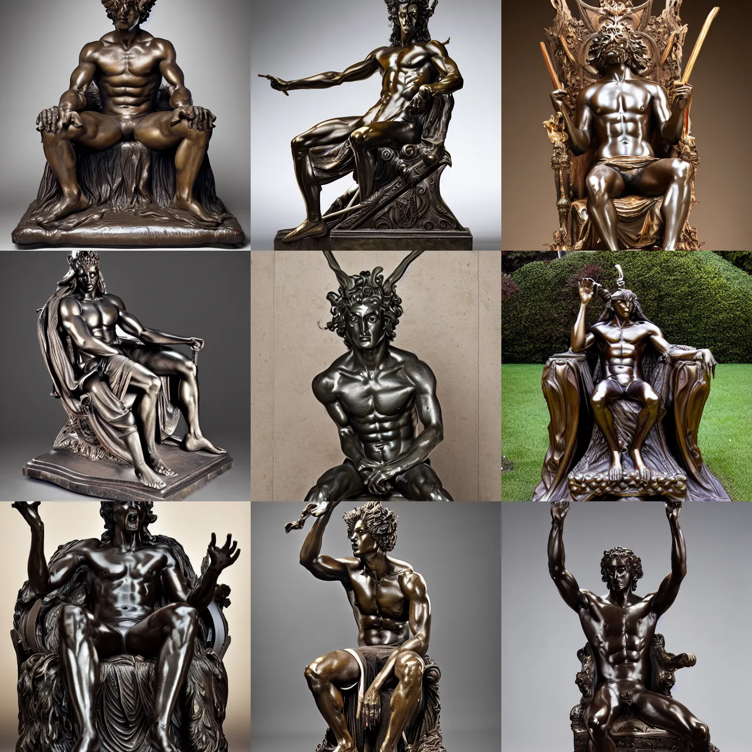 Prompt: full body bronze sculpture of hades, neo - classical style, sitting on a throne, sharp facial features, royal, professional photography, dynamic and dominating