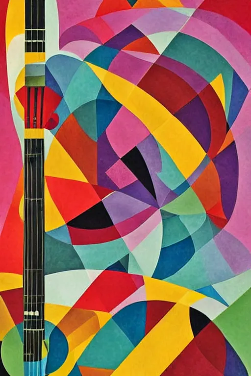 Prompt: guitar, notes, rainbow geometric architectures blend with organic shapes, pop surrealism, essence of street forms, geometric structures and multicolored prints in style of sonia delaunay, high detail, symmetry, poster